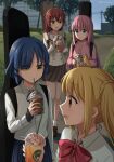  4girls absurdres ahoge blonde_hair blue_eyes blue_hair blush bocchi_the_rock! commentary_request cube_hair_ornament cup day disposable_cup drink drinking_straw drinking_straw_in_mouth gotoh_hitori hair_ornament hairclip highres holding holding_cup holding_drink ijichi_nijika jacket kessoku_band kita_ikuyo long_hair long_sleeves mole mole_under_eye multiple_girls one_side_up outdoors pink_hair pink_jacket red_hair school_uniform setu_kurokawa shimokitazawa_high_school_uniform shirt short_hair shuka_high_school_uniform side_ponytail skirt standing track_jacket tree white_shirt yamada_ryo yellow_eyes 