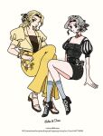  2girls absurdres ahtaso alternate_costume black_boots black_shirt black_skirt blonde_hair boots breasts celes_chere character_name choker cleavage commentary_request cropped_jacket earrings final_fantasy final_fantasy_vi grey_hair grey_socks highres invisible_chair jacket jewelry ladder_cutout medium_breasts multiple_girls off-shoulder_shirt off_shoulder pants parted_bangs ponytail puffy_short_sleeves puffy_sleeves sandals shirt short_sleeves sitting skirt socks terra_branford twitter_username updo wavy_hair white_background white_sandals yellow_jacket yellow_pants 