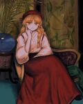  1girl beret black_shoes blonde_hair bow chair commentary_request crossed_legs hair_bow hakama hakama_skirt hat highres hourai_girl_(touhou) japanese_clothes kihaji140 kimono long_hair plant portrait_of_exotic_girls potted_plant red_hakama red_hat shirt shoes sitting skirt smile solo touhou white_shirt yellow_eyes 