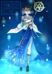  1girl artist_name ashiashi bare_shoulders beads black_boots black_bra blue_eyes blue_skirt boots bra bracelet brown_hair commentary_request detached_sleeves final_fantasy final_fantasy_x floral_print floral_print_skirt full_body green_eyes hair_beads hair_ornament heterochromia highres holding holding_staff jewelry long_skirt necklace obi pinky_ring pleated_skirt print_skirt ring sash shirt short_hair side_slit skirt sleeveless sleeveless_shirt solo staff staff_(ff10) standing standing_on_liquid underwear white_shirt white_sleeves yuna_(ff10) 