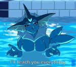 2026 anthro big_breasts breasts closed_smile detailed_background digital_media_(artwork) eeveelution english_text female female_anthro furs0up_nsfw generation_1_pokemon humanoid_hands looking_at_viewer mouth_closed nintendo nude nude_anthro nude_female partially_submerged pokemon pokemon_(species) smile solo swimming_pool tail text vaporeon water