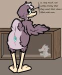 ambiguous_anthro ambiguous_gender anatid animal_genitalia anseriform anthro artist_name avian avian_butt beak bird black_outline blue_cloaca brown_body brown_feathers butt cloaca directional_arrow duck english_text eyebrows feathers furniture genitals kamoto_vivi looking_at_viewer looking_back looking_back_at_viewer narrowed_eyes nude_ambiguous nude_anthro outline plushie presenting presenting_cloaca raised_eyebrows raised_tail smile solo tail tail_feathers text viveka_(kamoto_vivi) wood wood_furniture yellow_beak yellow_body