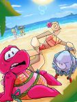 3:4 absurd_res annoyed anthro beach bikini bodily_fluids clothed clothing crossdressing crossdressing_male dinosaur domestic_cat doodlehasdoodles embarrassed felid feline felis flower fold_(gameoverse) gameoverse glitch_productions gobbles_(gameoverse) hi_res kaboodle_(gameoverse) kit_bodega laugh looking_at_viewer machine male mammal miss_information paper plant prehistoric_species reptile robot rose_(flower) saurischian scalie swimwear tears theropod two-piece_swimsuit tyrannosaurid tyrannosauroid tyrannosaurus tyrannosaurus_rex youtube
