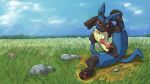 2026 animal_genitalia animal_penis anthro anus aroused balls black_body black_fur blue_body blue_fur canine_genitalia canine_penis cloud detailed_background english_text erection fur generation_4_pokemon genitals grass grassland haedra48 hi_res knot knotted_penis looking_at_viewer lucario male mountain_background nintendo penis plant pokemon pokemon_(species) red_eyes rock saggy_balls sheath solo spikes spikes_(anatomy) spread_legs spreading tail text tree wallpaper widescreen