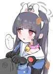  1girl @_@ ahoge animal_ear_hairband animal_ears bell black_hair blue_archive collar commentary_request fake_animal_ears green_neckerchief hairband halo highres leaf leaf_on_head long_hair long_sleeves miyu_(blue_archive) mugicha_(mugicha5060) neck_bell neckerchief pink_collar rabbit_ear_hairband rabbit_ears red_eyes school_uniform simple_background solo_focus translation_request white_background 
