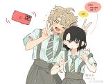  >_o 2girls :d ahoge arched_back arm_up bare_arms black_hair blonde_hair blush braid breast_pocket buttons cellphone chinese_commentary chinese_text collared_shirt colored_speech_bubble commentary_request confused couple curled_fingers dated diagonal-striped_clothes diagonal-striped_necktie dot_nose double-parted_bangs double_v dress_shirt english_text facing_viewer fang finger_frame floating floating_object from_side frown furrowed_brow green_eyes grey_necktie grey_skirt hair_between_eyes hair_hanging_down hair_ornament hairclip half-closed_eye hand_up highres iphone jellyfish_cut leaning_to_the_side light_frown long_hair long_sleeves looking_at_object looking_at_phone loose_hair_strand lower_teeth_only minamip motion_lines multiple_girls multiple_hairclips necktie one_eye_closed open_clothes open_mouth open_shirt original parallel_hairclips parted_lips partially_unbuttoned phone pleated_skirt pocket raised_eyebrow raised_eyebrows red_eyes school_uniform selfie shirt short_hair short_sleeves simple_background skirt sleeve_cuffs smartphone smile sparkle speech_bubble striped_clothes striped_necktie suspender_skirt suspenders suspenders_slip sweatdrop swept_bangs teeth thick_eyebrows tie_clip triangle_mouth unbuttoned unbuttoned_shirt upper_body v v_over_head watermark weibo_watermark white_background white_shirt yuri 