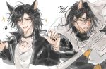  2boys a_song_of_ice_and_fire animal_ears armor beard_stubble black_armor black_hair black_jacket cherishing17 commentary dog_boy dog_ears facial_hair furrowed_brow grey_eyes hair_between_eyes harry_potter_(series) holding holding_sword holding_weapon jacket kemonomimi_mode male_focus medium_hair multiple_boys open_mouth paw_print sandor_clegane scar scar_across_eye scar_on_face shirt sirius_black smile sparkle stubble sword trait_connection upper_body weapon white_shirt wizarding_world 