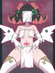  1girl armpit_crease bare_shoulders black_hair breasts choker collarbone commentary_request covered_face elbow_gloves facing_viewer fundoshi gloves halo heart highres japanese_clothes kitasshi legs_apart menpu nangong_yu pink_hair pubic_tattoo pussy_juice revealing_clothes small_breasts solo sweat tattoo thighhighs veil white_choker white_gloves white_thighhighs white_wings wings zenless_zone_zero 