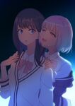  2girls absurdres black_background black_hair blue_eyes bow bowtie breasts cardigan commentary empty_eyes gradient_background gridman_universe hands_on_another's_shoulders highres jacket long_hair long_sleeves looking_at_another mobuneko multiple_girls off_shoulder open_mouth pink_bow pink_bowtie purple_hair purple_jacket red_bow red_bowtie red_eyes school_uniform shinjou_akane shirt short_hair small_breasts smile ssss.gridman takarada_rikka white_background white_cardigan white_shirt 