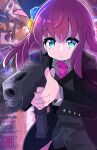  1girl ahoge aiming black_jacket blue_eyes bocchi_the_rock! collared_shirt commentary cube_hair_ornament detached_ahoge english_commentary glock gotoh_hitori guitar_case gun hair_ornament handgun holding holding_gun holding_weapon instrument_case jacket john_wick long_hair necktie open_clothes open_jacket outdoors phibonnachee pink_hair pink_necktie pun rain red_dot_sight shirt solo suit upper_body weapon 