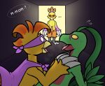 after_kiss anthro avian awkward_moment bird blindfold bodily_fluids cape caught caught_in_the_act clothing combusken dialogue duo father_(lore) father_and_child_(lore) father_and_son_(lore) flytermo2 generation_3_pokemon grovyle hi_res incest_(lore) incestuous_infidelity male male/male mother_(lore) mother_and_child_(lore) mother_and_son_(lore) nervous nervous_sweat nintendo parent_(lore) parent_and_child_(lore) parent_and_son_(lore) pokemon pokemon_(species) saliva saliva_on_tongue saliva_string shocked son_(lore) speech_bubble surprised sweat text wide_eyed