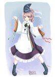  1girl blue_boots blue_hat boots commentary_request dated dress frilled_dress frills full_body furim grey_hair hat highres japanese_clothes kariginu long_hair long_sleeves looking_at_viewer mononobe_no_futo open_mouth pom_pom_(clothes) ponytail purple_dress red_eyes ribbon-trimmed_sleeves ribbon_trim signature smile solo tate_eboshi touhou wide_sleeves 