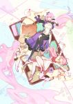 3girls absurdres bag beret black_boots black_gloves black_shrug blue_eyes boots breasts cape chinese_commentary commentary_request corset dress elf elysia_(herrscher_of_human:_ego)_(honkai_impact) elysia_(hi_love_elf)_(honkai_impact) elysia_(honkai_impact) elysia_(miss_pink_elf)_(honkai_impact) gloves hair_ornament hat high_heels highres honkai_(series) honkai_impact_3rd jipin_liu_zi_ai_di large_breasts long_hair lying multiple_girls multiple_persona on_back pink_hair pointy_ears purple_eyes shrug_(clothing) single_glove smile thigh_boots very_long_hair white_boots white_corset white_dress white_gloves 