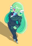 bottomwear breasts chest_spike clothed clothed_female clothed_humanoid clothing colored felicia_(miiserii) female gardevoir generation_3_pokemon green_hair hair hand_in_pocket hi_res humanoid jacket long_hair looking_at_viewer miiserii nintendo pants pockets pokemon pokemon_(species) red_eyes smile solo spikes spikes_(anatomy) suit topwear