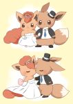  black_hat black_jacket black_shoes blue_necktie blush closed_eyes closed_mouth clothed_pokemon collared_shirt commentary commission commissioner_upload dress eevee english_commentary furry furry_male furry_with_furry gloves hat highres jacket kana_(maple926) kiss long_sleeves looking_at_viewer necktie no_humans open_clothes open_jacket pokemon pokemon_(creature) pokemon_focus shirt shoes skeb_commission strapless strapless_dress tiara top_hat vulpix wedding_dress white_dress white_gloves white_shirt 