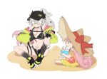  2girls agata720 animal_hat bikini black_bikini black_hands black_hat black_horns black_shoes bodypaint bow cat_hat colored_extremities crossed_bangs cup drawing_on_self dress dress_swimsuit drink drinking drinking_straw drinking_straw_in_mouth fate/grand_order fate_(series) gradient_hair green_eyes green_jacket grey_hair habetrot_(fate) habetrot_(swimsuit)_(fate) hair_between_eyes hand_on_own_knee hat hat_bow high_ponytail holding holding_cup holding_marker hood hooded_jacket horns inflatable_armbands jacket knee_up lilith_(fate) lilith_(swimsuit)_(fate) long_hair long_sleeves looking_at_another looking_down marker mouth_hold multicolored_dress multicolored_hair multiple_girls navel off_shoulder open_clothes open_jacket orange_dress oversized_hat pink_hair pointy_ears ponytail puffy_long_sleeves puffy_sleeves red_bow red_eyes shoes simple_background sitting sleeveless sleeveless_dress sneakers snifter_glass straw_hat swimsuit white_background zipper_bikini zipper_pull_tab 