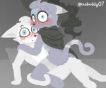 anthro bandage bandaged_ear bandaged_leg bandaged_tail bedding black_body black_fur black_nose blue_eyes blush bodily_fluids caught_in_the_act cloak cloak_only clothing d'arktanyan_(the_battle_cats) d'artanyan_(the_battle_cats) domestic_cat duo ears_down embarrassed embarrassing_nudity felid feline felis fur glowing glowing_markings grey_body grey_fur hair hand_on_shoulder hat head_tuft headgear headwear hi_res imminent_sex looking_at_viewer lying male male/male mammal markings nobuddy nude_anthro nude_male on_back on_lap pillow pivoted_ears ponos_corp. rear_focus rear_view scar short_hair sitting sitting_on_another sitting_on_lap surprised sweat tail tail_wrapped_around_leg the_battle_cats tuft white_body white_fur