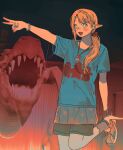 2026 abstract_background absurd_res accessory arm_out bent_leg blonde_hair blue_clothing blue_shirt blue_t-shirt blue_topwear bottomwear bow_ribbon braided_hair clothed clothing colored delicious_in_dungeon digital_drawing_(artwork) digital_media_(artwork) dragon duo elf female feral footwear full-length_portrait gesture green_eyes hair hair_accessory hair_bow hair_ribbon hand_gesture hand_on_heel happy hi_res huhuu8800 humanoid humanoid_pointy_ears jewelry long_hair marcille_donato mythological_creature mythological_scalie mythology necklace open_mouth pointy_ears ponytail portrait pose raised_leg red_background red_dragon_(delicious_in_dungeon) ribbons scalie shaded shirt shoelaces shoes shorts simple_background sketch skirt socks solo_focus standing straight_hair t-shirt tan_body topwear v_sign wristband