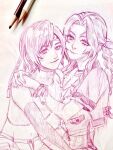  2girls aerith_gainsborough arm_belt arms_around_neck art_tools_in_frame bangle bracelet braid braided_ponytail breasts closed_mouth colored_pencil_(medium) commentary_request crop_top cropped_jacket elbow_gloves final_fantasy final_fantasy_vii final_fantasy_vii_rebirth final_fantasy_vii_remake gloves gyokumey hair_ribbon headband hug jewelry light_smile medium_breasts midriff monochrome multiple_girls open_fly parted_bangs ribbed_shirt ribbon shirt short_hair short_sleeves sidelocks sketch sleeveless sleeveless_turtleneck traditional_media turtleneck upper_body watermark white_background yuffie_kisaragi yuri 