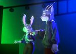 anthro betrayal biped blue_light canada_lynx clothed clothed_anthro clothed_female clothed_male clothing dark_theme digital_media_(artwork) digital_painting_(artwork) disney duo european_rabbit felid feline female female_anthro fur g1evut_(artist) green_light grey_body grey_fur hi_res inside judy_hopps lagomorph leporid light lighting lynx male male_anthro mammal oryctolagus painting_(artwork) pawbert_lynxley pointy_ears poisoned purple_eyes rabbit rabbit_ears stage_lights stage_show venom_injector zootopia