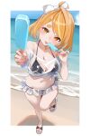 1girl absurdres ahoge beach bikini black_bikini blonde_hair blush border breasts cleavage cloud folma food glitch_stars highres holding holding_food holding_popsicle kanna_yanagi multicolored_hair navel ocean popsicle sandals second-party_source sky solo stomach streaked_hair swimsuit tongue virtual_youtuber white_border white_streaks yellow_eyes 