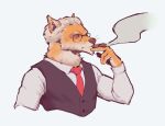 2024 5_fingers accessory aliasing anthro binary_drawing black_clothing black_topwear black_vest canid cigar cigar_in_mouth clothed clothed_anthro clothed_male clothing collared_shirt countershade_face countershade_fur countershade_hands countershade_neck countershading digital_drawing_(artwork) digital_media_(artwork) eyebrows eyewear fingers fur glasses grey_eyebrows grey_eyes hair half-length_portrait hi_res holding_cigar holding_object kingarthur_i male mammal necktie no_pupils object_in_mouth pince-nez pointy_ears portrait red_necktie round_glasses shirt simple_background smoke smoking smoking_cigar solo tan_body tan_countershading tan_hair tan_inner_ear topwear vest wearing_glasses whiskers white_background white_clothing white_sclera white_shirt white_topwear yellow_body yellow_fur