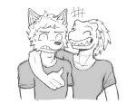 anthro arm_around_another black_nose breasts canid canine canis cheek_tuft dark_shirt dinosaur dromaeosaurid emanata eyes_closed facial_tuft female gamma_wolf_(vitaliachiever) gesture grimace hair hand_gesture hi_res inner_ear_fluff male mammal monochrome pointy_ears prehistoric_species prick_ears reptile saurischian scalie sharp_teeth snout solo teeth therocy_(vitaliachiever) theropod thumbs_up tuft vitaliachiever wolf