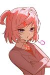  1girl brown_cardigan cardigan collared_shirt crossed_legs doki_doki_literature_club doki_doki_literature_club_school_uniform hair_ornament highres looking_at_viewer natsuki_(doki_doki_literature_club) open_mouth pink_hair purple_eyes school_uniform shirt short_hair solo two_side_up white_background white_shirt x_hair_ornament yame_pi 
