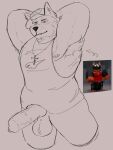 3:4 accessory animal_genitalia animal_penis armpit_hair balls big_balls big_penis body_hair canid canine canine_genitalia canine_penis ear_piercing erection flexing genital_piercing genitals glans hands_behind_head hi_res male male/male mammal muscular nipple_piercing nipples penis penis_piercing piercing prince_albert_piercing roblox roblox_skin solo sunny_furr vein veiny_penis