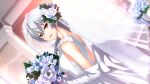  1girl anekouji_naoko_to_giniro_no_shinigami back_bow bouquet bow breasts bridal_veil day dress dutch_angle elbow_gloves flower from_side game_asset gloves hair_flower hair_ornament hands_up highres holding holding_bouquet indoors kirsti_ylianttila long_hair looking_at_viewer non-web_source open_mouth orange_eyes see-through_clothes see-through_veil self-datamine shironeko_sanbou sleeveless sleeveless_dress solo standing turning_head veil wedding_dress white_bow white_dress white_gloves 