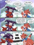 absurd_res after_transformation bandai_namco betelgammamon big_butt butt clothing comic dialogue digimon digimon_(species) duo english_text gloves hair handwear hi_res homophobic_slur huge_butt impmon kerchief kiffy_(artist) neckerchief neckwear open_mouth outside profanity red_body slur text thick_thighs wide_hips