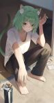 1girl :3 absurdres animal_ear_fluff animal_ear_piercing animal_ears arm_on_knee barefoot black_pants blurry blurry_background breasts brown_eyes can cat_ears cat_girl cat_tail cigarette cigarette_pack cleavage collarbone commentary_request dirty dirty_clothes drink_can green_hair highres holding holding_cigarette knees_up light_particles looking_at_viewer pants satou_yaniko shirt short_hair short_sleeves sitting solo tail white_shirt yani_neko yecheng_anhunqu_(bilibili_1454316466) 