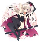  1girl ahoge akizuki_kanna alternate_costume arm_at_side arm_behind_head arm_up armpits black_cape black_leotard black_shoes black_thighhighs bow bowtie breasts cafe_stella_to_shinigami_no_chou cape cleavage commentary crossed_bangs dutch_angle floating_card floating_hair full_body garter_straps grey_bow grey_bowtie grin hair_between_eyes hair_bow high_heels highleg highleg_leotard highres hood hood_up knees_up large_breasts leotard long_hair looking_at_viewer nontraditional_playboy_bunny one_side_up purple_eyes red_bow red_cape shoes simple_background sitting smile smug solo strapless strapless_leotard sukonbu385 thighhighs thighs two-sided_cape two-sided_fabric very_long_hair white_background white_hair white_wrist_cuffs wrist_cuffs 