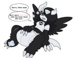 5:4 anthro big_diaper biped black_body black_collar black_eyes black_fur breath claws clothed clothing collar dialogue diaper digital_media_(artwork) english_text feet female fur generation_6_pokemon half-closed_eyes hi_res hindpaw horn looking_at_viewer mammal masturbation mega_absol mega_evolution miss_absol narrowed_eyes nintendo open_mouth panting pawpads paws pokemon pokemon_(species) puppypamps simple_background solo speech_bubble spiked_collar spikes text toe_claws tongue tongue_out topwear wearing_diaper white_background white_body white_clothing white_diaper white_fur white_topwear