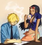  1boy 1girl absurdres black_hair blonde_hair cross-laced_clothes cross-laced_top curly_eyebrows dark-skinned_female dark_skin eyewear_on_head facial_hair goatee hair_over_one_eye hair_slicked_back highres light_smile looking_at_another mustache_stubble nico_robin one_piece orange-tinted_eyewear sanji_(one_piece) smoking stubble suloart tinted_eyewear 