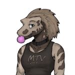 1:1 anthro black_eyes black_tongue brown_body brown_clothing brown_hair brown_shirt brown_tank_top brown_topwear bubble_gum claws close-up clothing collar dinosaur dromaeosaurid female hair hi_res markings mottled mottled_body mottled_face one_fang prehistoric_species reptile saurischian scalie shirt smile smiling_at_viewer snout solo striped_arms striped_markings striped_tail stripes tail tail_markings tail_tuft tank_top text text_on_clothing therocy_(vitaliachiever) theropod tongue topwear tuft vitaliachiever
