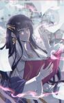  1girl aqua_eyes black_hair celine_(path_to_nowhere) commentary english_commentary floating_paper ginsan hands_up highres holding holding_notebook long_sleeves notebook path_to_nowhere sleeves_past_wrists solo upper_body 