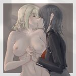  2girls bang_dream! bang_dream!_it's_mygo!!!!! black_choker black_hair black_jacket blonde_hair blush border breasts brown_background chinese_commentary choker closed_eyes clothed_female_nude_female commentary_request french_kiss grey_border hand_in_another's_hair highres holding_hands interlocked_fingers inuitakumi49 jacket kiss large_breasts medium_hair misumi_uika multiple_girls nipples nude red_shirt saliva shirt tongue yahata_umiri yuri 