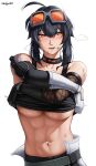  1girl abs ahoge asymmetrical_gloves bare_shoulders belt black_choker black_gloves black_hair black_sports_bra blush breasts breath choker clothes_lift collarbone commentary crop_top crossed_arms double-parted_bangs english_commentary fishnet_gloves fishnets gloves goggles goggles_on_head grace_howard grease_(mechanical) grey_belt hair_between_eyes highres large_breasts lifting_own_clothes long_hair looking_to_the_side lower_teeth_only midriff mismatched_gloves navel open_mouth orange-tinted_eyewear orange_eyes revision shirt_lift shoulder_tattoo sidelocks signature simple_background solo sports_bra stomach sweat tattoo teeth tinted_eyewear toned toned_female underboob undressing upper_body white_background zealyush zenless_zone_zero 