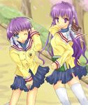  bad_id bad_pixiv_id blue_eyes book cherry_blossoms clannad fujibayashi_kyou fujibayashi_ryou hikarizaka_private_high_school_uniform long_hair multiple_girls one_eye_closed petals purple_eyes purple_hair ri2 school_uniform siblings sisters thighhighs twins wind wind_lift 