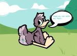 ambiguous_anthro ambiguous_gender anatid animal_genitalia anseriform anthro artist_name avian avian_butt beak bird black_outline blue_cloaca blue_eyes blue_tongue brown_body brown_feathers butt cloaca cloud duck english_text feather_tuft feathers genitals grass head_tuft kamoto_vivi looking_back nude_ambiguous nude_anthro open_beak open_mouth outline outside plant sitting_on_grass sky solo speech_bubble tail tail_feathers talking_to_another text tilde_after_text tongue tuft viveka_(kamoto_vivi) yellow_beak yellow_body