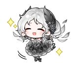  1girl ^_^ ankle_ribbon argyle_clothes argyle_sleeves artist_request ballerina ballet ballet_slippers black_dress black_ribbon black_shoes black_wrist_cuffs blush_stickers chibi circle_skirt closed_eyes dancing detached_sleeves dress feather_hair_ornament feathered_wings feathers frilled_dress frills grey_pantyhose grey_sleeves grey_wings hair_bun hair_ornament happy infinity_nikki jewelry leg_ribbon long_dress medium_hair motion_lines necklace nikki_(series) official_art open_mouth outstretched_arms pantyhose ribbon shoes sidelocks single_hair_bun smile solo sparkle sticker_(medium) strapless strapless_dress transparent_background tutu wavy_hair white_hair white_night's_ballet_(infinity_nikki) wings wrist_cuffs 