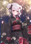  1girl black_kimono blush commentary_request double_bun floral_print floral_print_kimono hair_bun highres indie_virtual_youtuber japanese_clothes kimono long_sleeves looking_at_viewer nui_lunaveil obi print_kimono red_eyes ruu_hh sash second-party_source smile solo virtual_youtuber white_hair wide_sleeves 