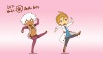  2boys arm_up belt belt_buckle black_belt black_pants blue_shirt buckle chain commentary_request dancing dark-skinned_male dark_hunter_(sekaiju) dark_hunter_3 dark_skin full-leg_boots fur-trimmed_jacket fur_trim gradient_background jacket kill_me_baby kill_me_dance looking_at_viewer male_focus medic_(sekaiju) medic_3_(sekaiju) motimamire multiple_boys navel o_o open_mouth orange_hair pants pink_background purple_eyes sekaiju_no_meikyuu sekaiju_no_meikyuu_1 shadow shirt short_hair standing standing_on_one_leg translation_request white_hair 
