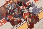 2026 5_toes abstract_background anthro biped black_nose black_sclera bodysuit bulge claws clothing demon digital_media_(artwork) feet foot_focus fur grey_body grey_fur grey_tail haku_rice hi_res horn latex latex_bodysuit latex_clothing latex_skinsuit male mammal multicolored_tail muscular muscular_anthro muscular_male nipple_piercing nipples piercing sharp_teeth skinsuit smile solo tail teeth text tight_clothing toe_shoes toes white_body white_fur white_tail