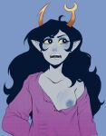 2018 2_horns ahoge alien alien_humanoid areola artist_name asymmetrical_horns bent_arm biped black_eyebrows black_eyes black_hair black_piercing blue_areola blue_background blue_blush blue_eyeshadow blue_nipples blush breasts brown_horn cheek_blush clothed clothed_female clothed_humanoid clothing collarbone cute_fangs digital_drawing_(artwork) digital_media_(artwork) dipstick_horn dithering ear_piercing ear_stud english_text eyebrows eyeshadow fangs female female_humanoid front_view furrowed_eyebrows grey_body grey_skin grey_tongue hair half-length_portrait homestuck horn horn_spikes horned_humanoid humanoid humanoid_pointy_ears iris light_body light_skin long_hair looking_aside looking_away makeup messy_hair monotone_background monotone_body monotone_clothing monotone_hair monotone_shirt monotone_skin monotone_topwear ms_paint_adventures multicolored_horn multiple_pupils nipples no_bra nose_blush not_furry off_shoulder one_breast_out open_mouth orange_horn piercing pinup pointy_ears portrait pose pupils purple_clothing purple_shirt purple_text purple_topwear screentone sharp_horn shirt shoulder_blush simple_background small_breasts small_nose solo spikes spikes_(anatomy) teeth text tongue topwear troll_(homestuck) underwatersins unusual_anatomy unusual_horn vriska_serket watermark white_pupils yellow_horn yellow_horn_tips yellow_sclera yellow_spikes