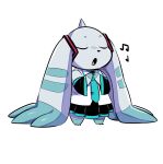 2026 absurd_res accessory anthro armwear astonarts bandai_namco black_nose bottomwear clasped_hands clothed clothing crypton_future_media digimon digimon_(species) dipstick_ears ear_markings eyes_closed female fur hatsune_miku hi_res horn markings multicolored_ears musical_note musical_symbol necktie open_mouth simple_background singing skirt solo standing symbol teal_body teal_clothing teal_fur terriermon vocaloid white_background yamaha_corporation