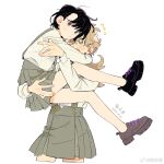  >_o 2girls :c :o arm_up bare_legs black_hair black_shoes blonde_hair blush buttons carrying chinese_commentary chinese_text closed_mouth collared_shirt commentary_request couple cropped_legs crossed_bangs dated dot_nose double-parted_bangs dress_shirt english_text facing_viewer flying_sweatdrops from_side full_body green_eyes grey_skirt hair_ornament hairclip hand_in_another's_hair hand_on_another's_ass hand_on_another's_back hand_on_another's_head hand_up hands_on_another's_head highres jellyfish_cut knee_up leaning_on_person leg_up licking licking_another's_face licking_another's_lips light_frown long_hair long_sleeves looking_at_viewer looking_down looking_to_the_side loose_hair_strand minamip multiple_girls multiple_hairclips nervous no_socks one_eye_closed open_mouth original parallel_hairclips parted_bangs platform_shoes pleated_skirt princess_carry purple_trim red_eyes school_uniform shirt shoelaces shoes short_hair simple_background skirt sleeve_cuffs struggling surprised suspender_skirt suspenders sweatdrop swept_bangs turning_head v-shaped_eyebrows watermark weibo_watermark white_background white_shirt wince yuri 