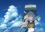  1girl animal_ears bare_shoulders blonde_hair blue_sky blush box brown_tank_top cardboard_box cat_ears cat_feet cat_girl cloud coat commentary_request cumulonimbus_cloud genshin_impact green_eyes hair_ornament hairclip highres kirara_(genshin_impact) komaniya_express_(genshin_impact) long_hair mochi_mochi052 multiple_tails nekomata sky sleeveless sleeveless_coat smile sweat tail tank_top 