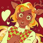  1girl animal_ears antlers blonde_hair blouse blush brown_eyes checkered_clothes checkered_sweater_vest collared_shirt commentary deer_antlers deer_ears deer_girl deltarune english_commentary furry furry_female green_sweater_vest hair_ornament hairclip heart heart-shaped_pupils highres horns long_hair mariorsomething noelle_holiday open_mouth parallel_hairclips red_background red_sweater_vest reindeer_antlers reindeer_girl shirt solo sweater_vest swept_bangs symbol-shaped_pupils two-tone_sweater_vest utdr_(toby_fox) white_shirt 